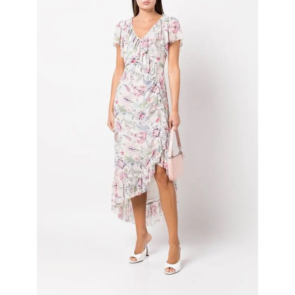 Cinq a Sept Sheila Midi Dress 12 Floral Paisley Ruffle High Low White Feminine
